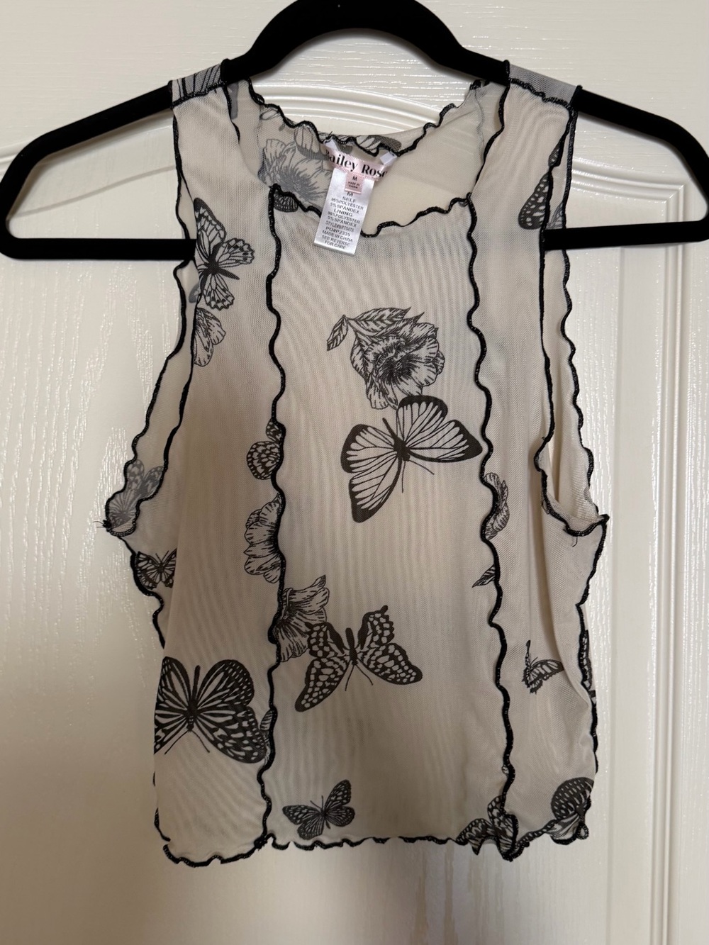 Sheer Cream Butterfly-Print Camisole with Black Trim